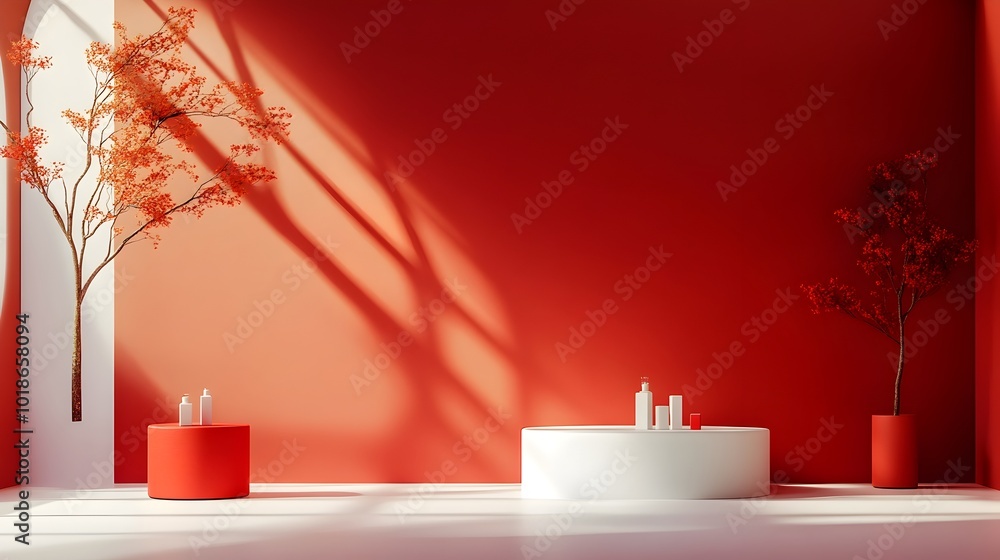 Poster minimalist 3d studio room with empty white floor and walls elevated product display podium and drama