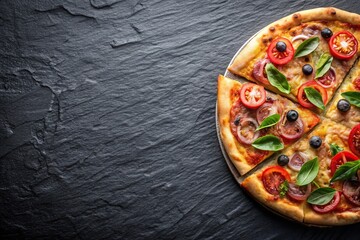 Big slate background with pizza on one side and bird's eye view on the other