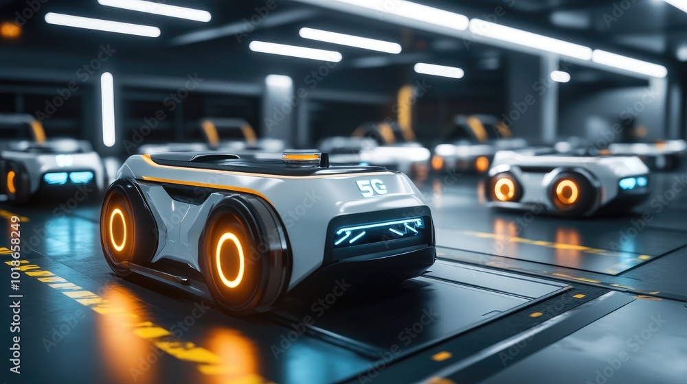 Poster high-tech warehouse with agvs and autonomous robotic systems transporting materials, powered by real