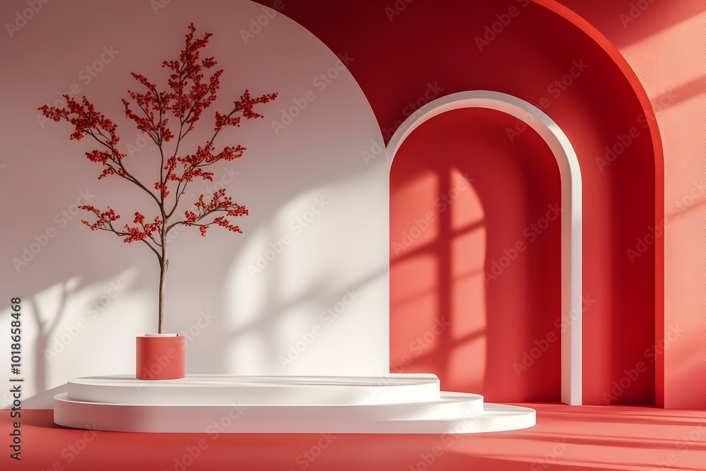 Poster elegant 3d studio space featuring a minimalist white environment central product display platform