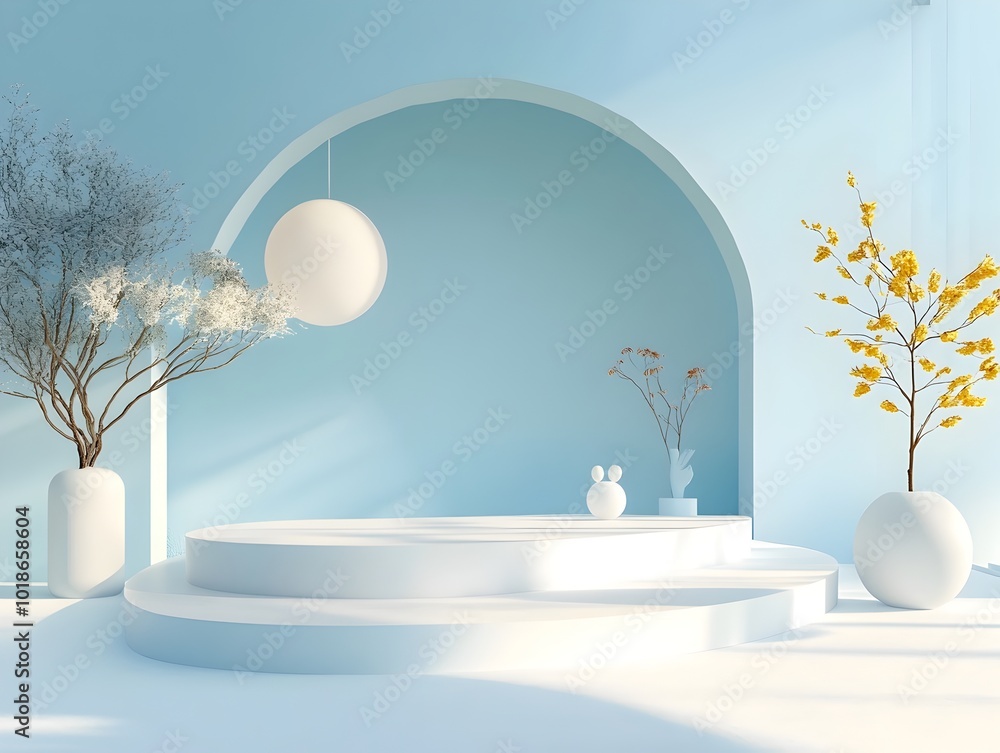 Poster minimalist 3d studio scene featuring a blue gradient backdrop empty white floor and walls and a rais