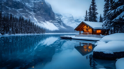 Cozy Log Cabin Reflects in Serene Winter Lake at Twilight