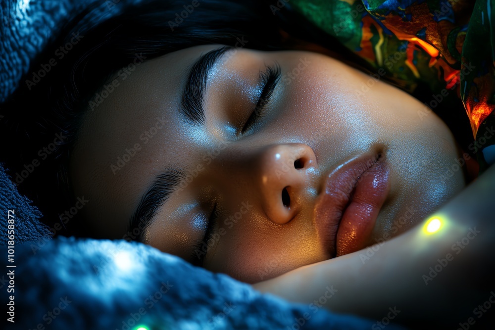 Poster hyper-realistic close-up of a personâ€™s peaceful face as they sleep at night, with the faint glow o
