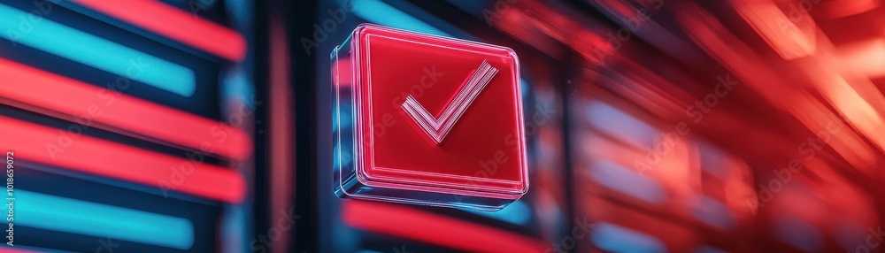 Aufkleber a glowing red checkbox with a checkmark, surrounded by colorful neon lights, creating a vibrant digi