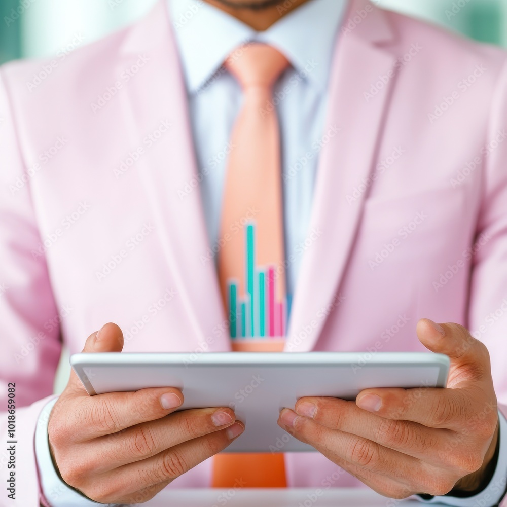 Poster a professionally dressed individual holds a tablet displaying colorful graphs, symbolizing data anal