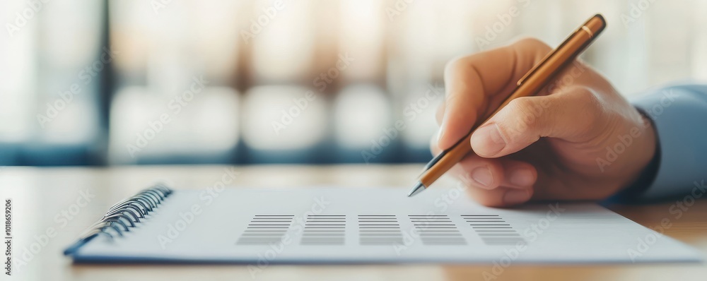 Poster a person writes in a notebook with a pen, indicating a focus on tasks or planning, with blurred back