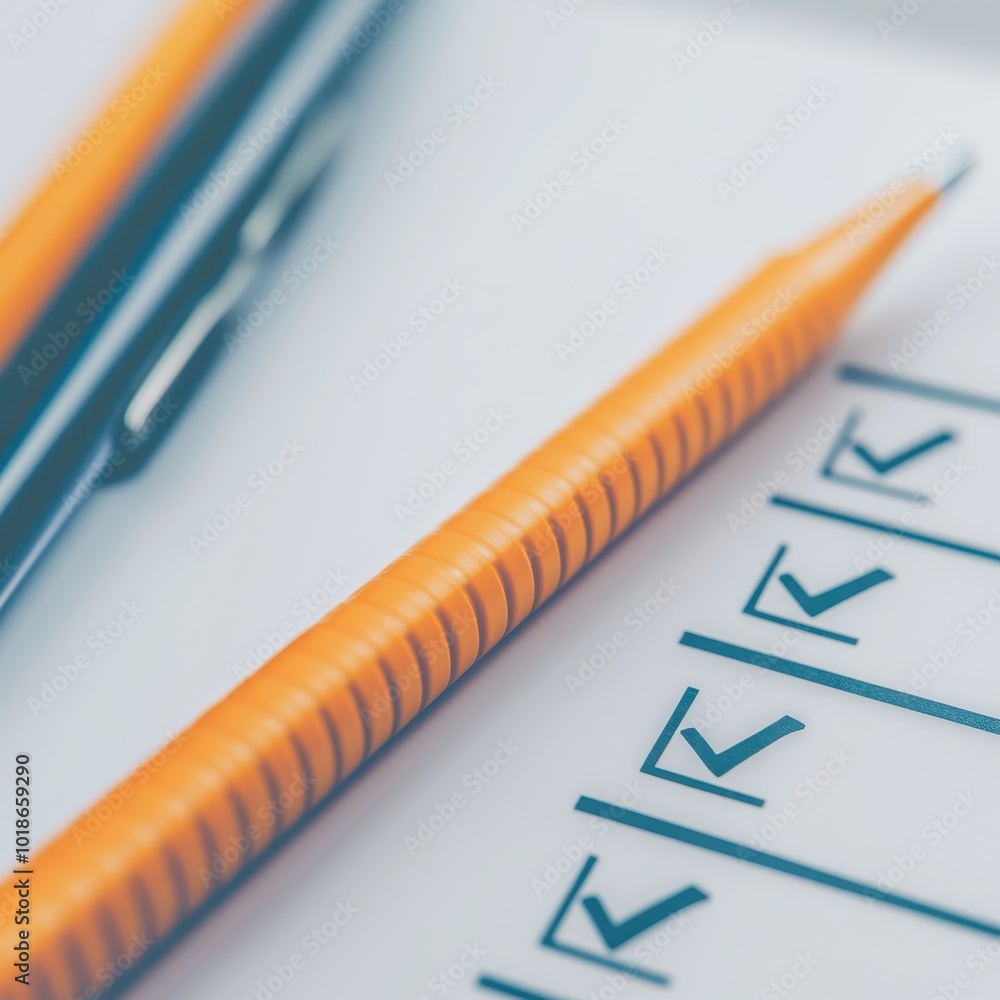 Poster a close-up of a checklist with a spiral notebook and pens, highlighting organization and productivit