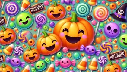 halloween design with smiling pumpkins and lots of candy and lollipops everywhere creating a festive mood
