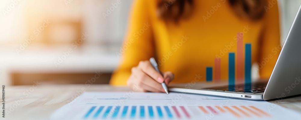 Poster a person in a yellow sweater analyzes data on a laptop while writing on a report with graphical char
