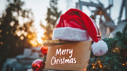 Minimalist hard hat with a Santa hat and festive message celebrating Christmas at a construction site during sunset