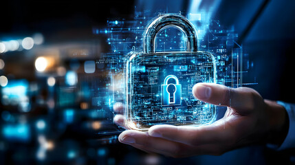 A Hand Holding a Holographic 3D Digital Lock Composed of Code and Circuitry Against a Blurred City Lights Background
