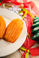 sweet biscuit Madeleine dessert Christmas cookie treat Fresh delicious gourmet food background on the table rustic food top view copy space
