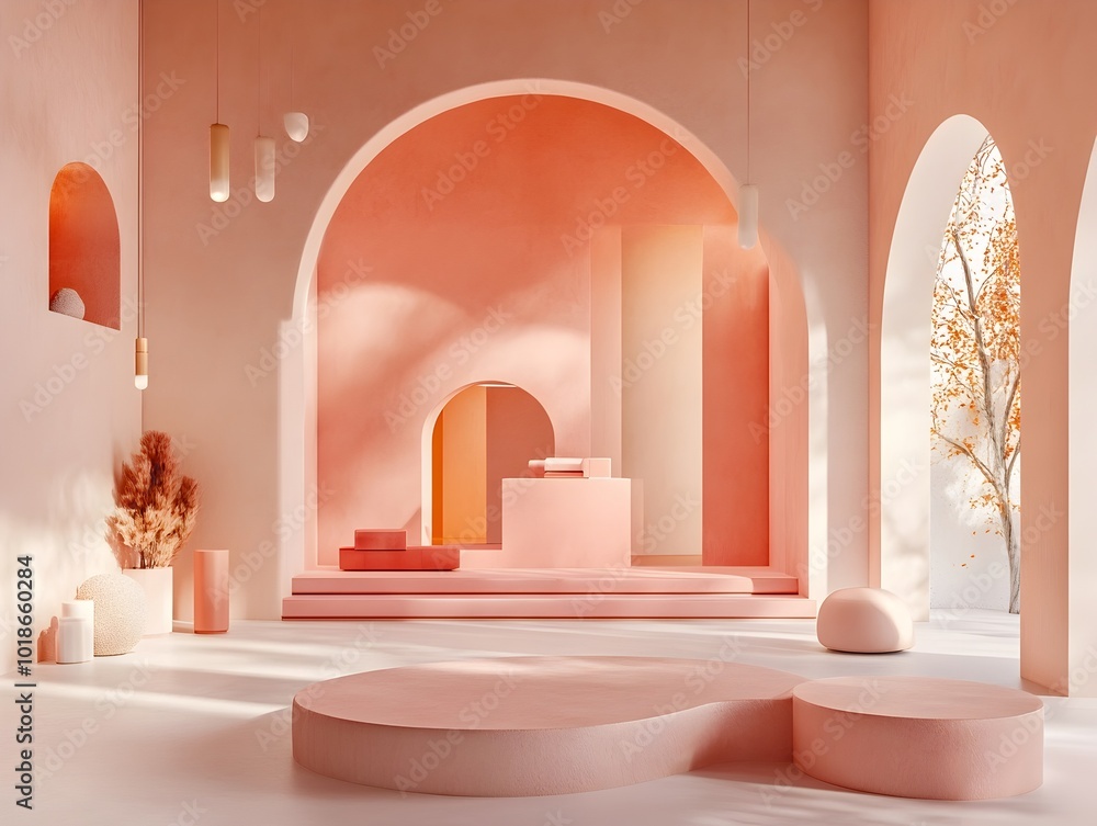 Poster sleek and modern 3d display room featuring soft pink toned walls and floor a minimalist product plat