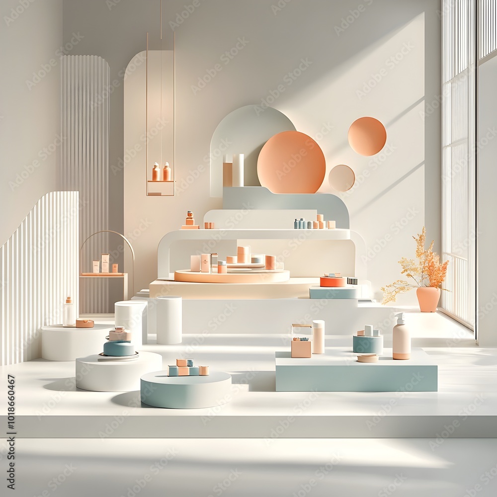 Poster pastel hued 3d studio set featuring a clean white floor and walls a central product display stand an