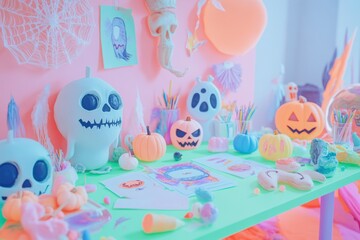 Obraz premium Charming Halloween card-making party with creative decorations and festive spirit