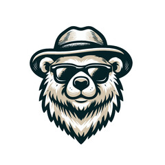 Naklejka premium Cool modern bear in hat with glasses. isolated vector illustration.