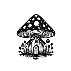 Fairy tale mushroom house illustration, isolated vector illustration, whimsical fantasy artwork, magical forest concept