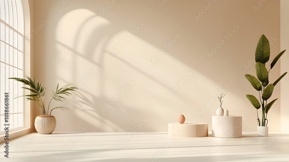 Aufkleber minimalist 3d studio room setting with beige background empty floor and wall product podium and a wi