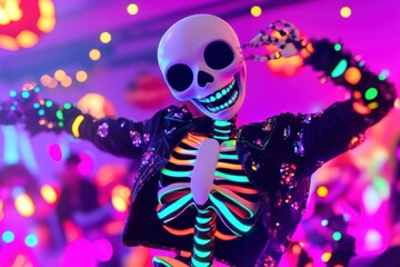A cheerful skeleton hosts a vibrant Halloween celebration filled with festive decor