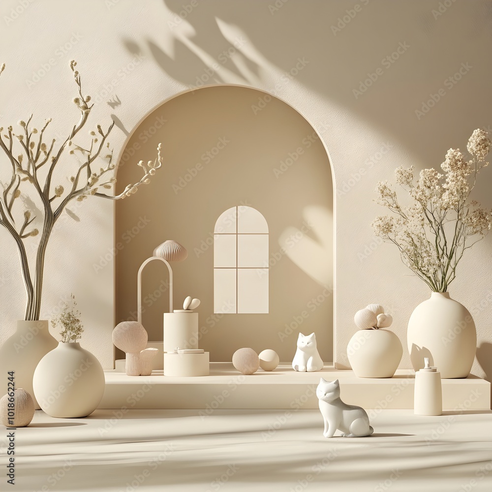 Aufkleber tranquil beige 3d studio setting with minimalist interior layout empty product stage in the center a