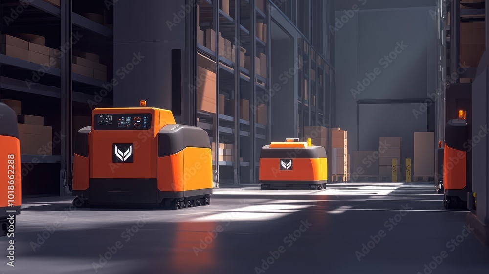 Poster smart factory environment with agvs moving materials across an automated warehouse, illustrating the