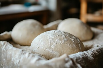Fototapeta premium Round shaped bread doughs resting in a couche cloth full of flour in a bakery , free space text, copy space, copy space for text,