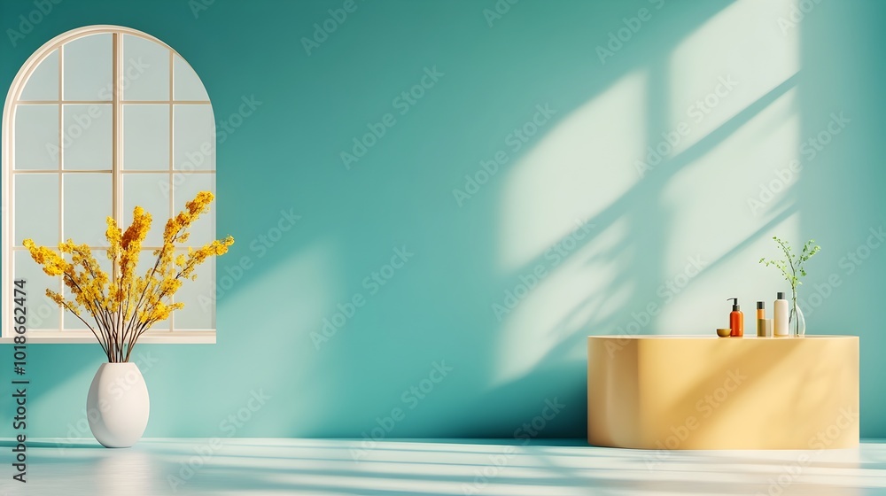 Poster teal studio room backdrop with empty floor and wall product podium window shadow overlay on countert