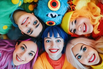 Cheerful friends in colorful costumes celebrating Halloween at a lively party together