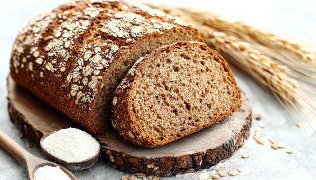 Rye bread with seeds spelt grain wheat ears and flour on wooden spoon isolated  , free space text, copy space, copy space for text,