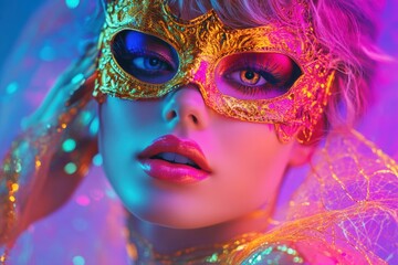 Obraz premium Glamorous masquerade ball celebrating Halloween with vibrant masks and alluring costumes