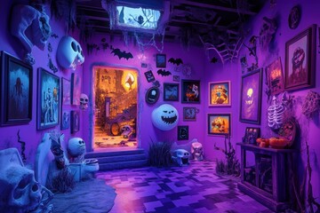Vibrant Halloween pop art gallery with spooky decor and eerie purple lighting