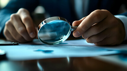 Businessman Examining Document with Magnifying Glass for Accuracy