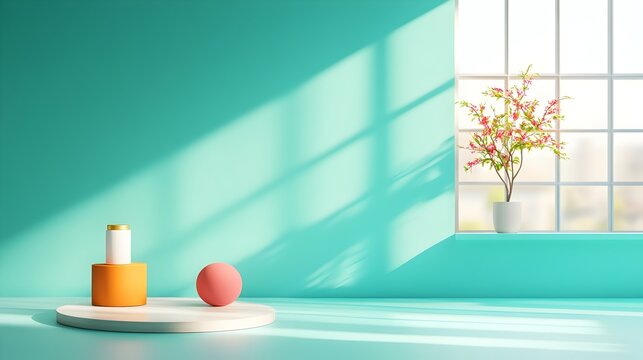 Turquoise 3D studio room with empty floor and wall product podium shadow overlay from window to countertop and sunlight mockup Minimalist modern and contemporary design for advertisement presentation