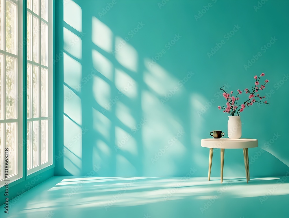 Poster minimalist 3d studio scene featuring a turquoise wall and floor a simple product pedestal and natura