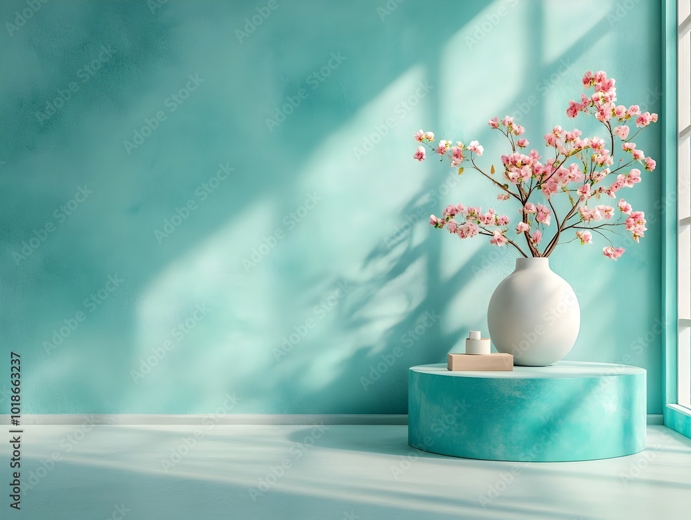 Poster minimalist 3d studio scene with a turquoise wall and floor a simple product pedestal and natural win