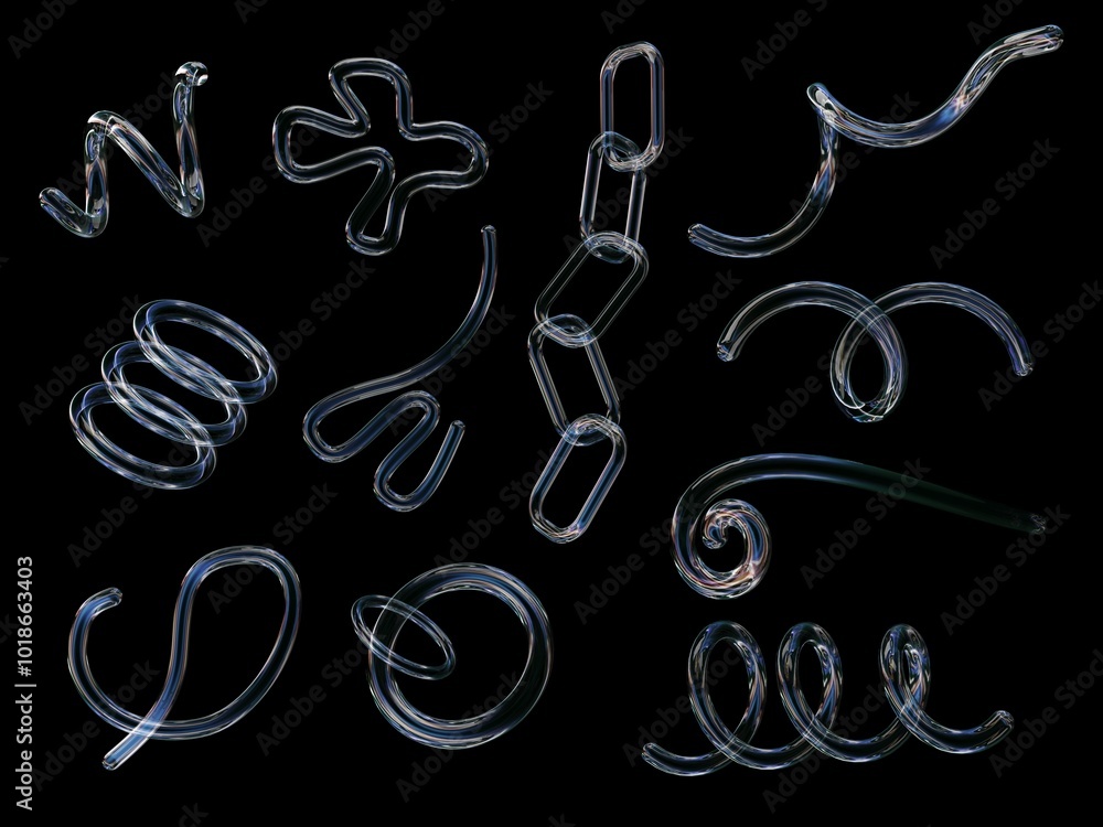 Poster 3d rendering of a set of geometric objects, icons, glass elements isolated on a black background.