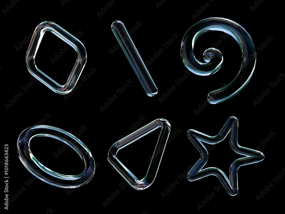 Poster 3d rendering of a set of geometric objects, icons, glass elements isolated on a black background.