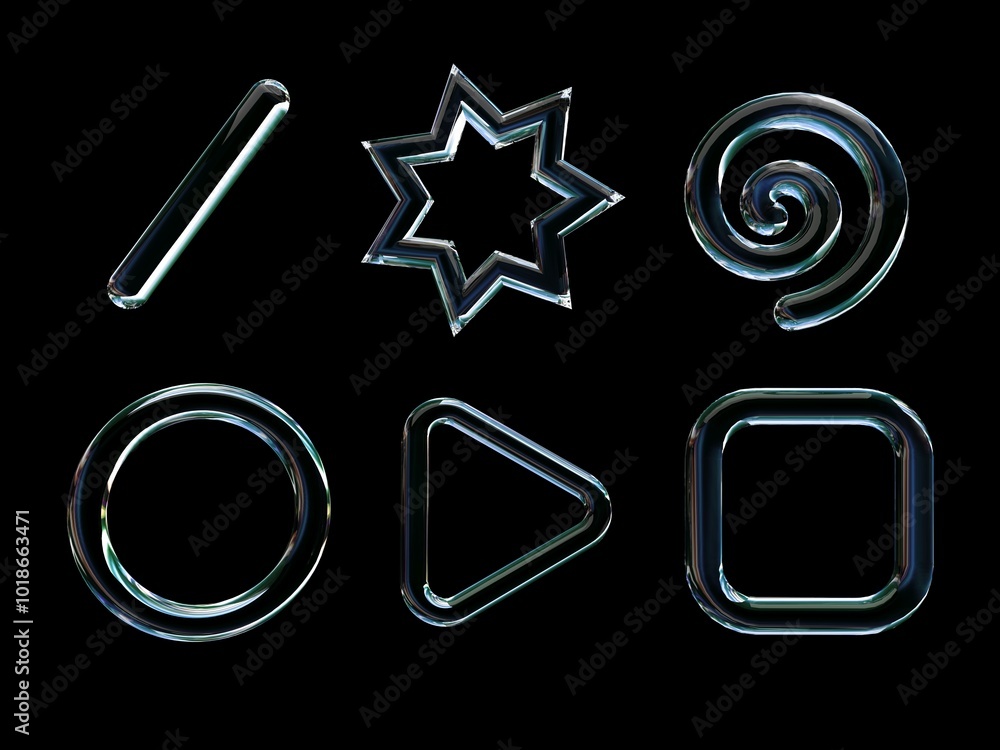 Poster 3d rendering of a set of geometric objects, icons, glass elements isolated on a black background.