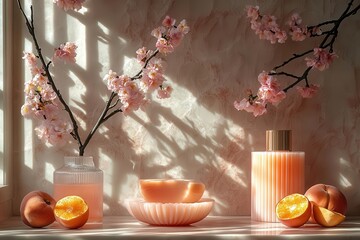luxurious peach fuzz kitchen tabletop set against an elegant backdrop ideal for showcasing highend cosmetics or culinary products radiating a sense of warmth and sophistication