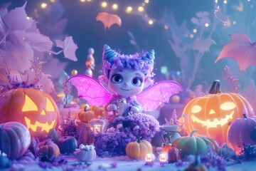 Fototapeta premium Lively Halloween gathering with vibrant characters among carved pumpkins and festive decor