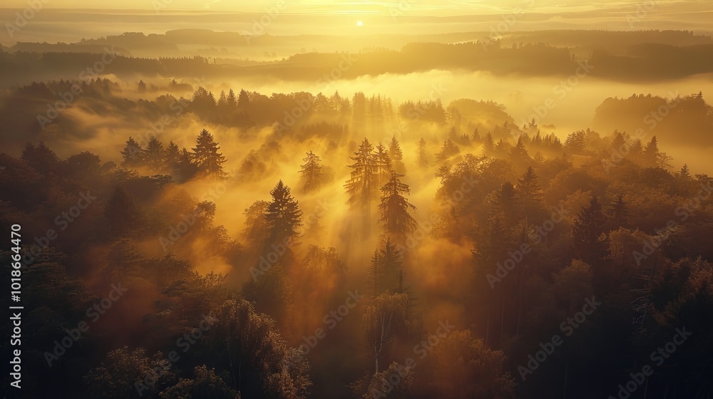 Poster the sun is setting over a forest, casting a warm glow on the trees
