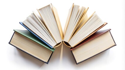Bird's eye view of four isolated books on white background