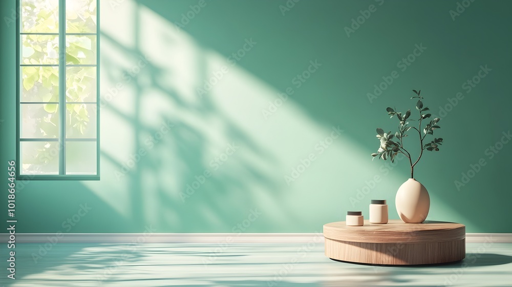Poster minimalist 3d studio room setting with a forest green background empty floor and wall and a product 