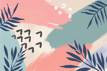 Abstract art banner featuring watercolor leaves branches combined with hand-drawn doodle scribble floral plants.
