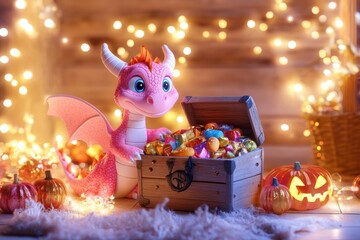 Fototapeta premium A curious pink dragon uncovers a hidden treasure chest amidst glowing decorations