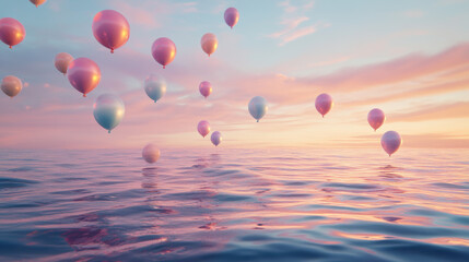 A whimsical scene of colorful balloons floating above a vast ocean, reflecting off the calm water's surface, soft pastel hues dominating the sky,