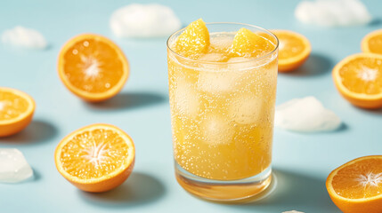 Frosted glass of orange juice with condensation, surrounded by floating oranges, with a bright sky and white clouds, product photography, fresh and vibrant