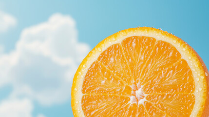 Freshly sliced orange, dewdrops glistening, floating against a bright blue sky with fluffy clouds, product shot, vibrant colors, high-res detail, soft natural lighting