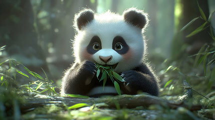 Obraz premium Adorable Panda Cub Eating Bamboo Shoots in Lush Green Forest, Adorable Animal Eating in Nature, Cute Wildlife Moments
