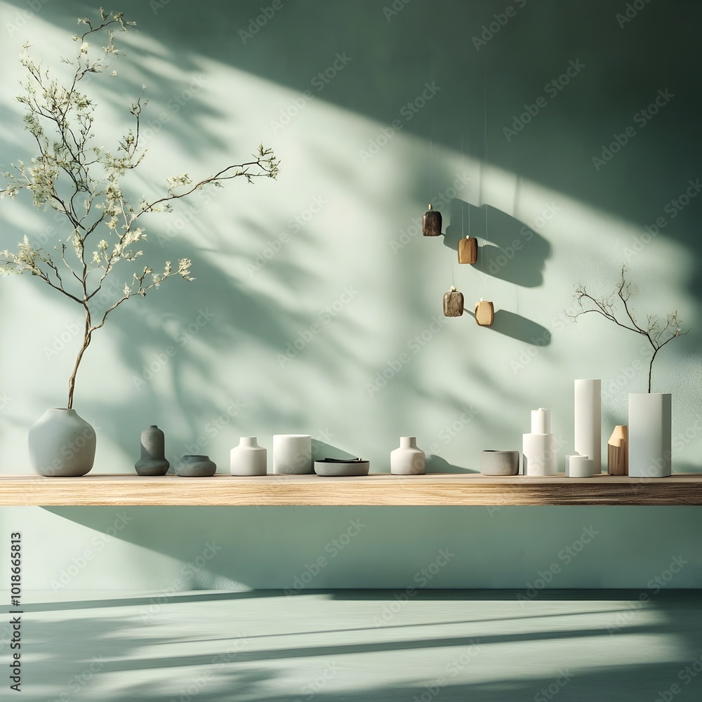Poster minimal 3d studio scene featuring sage colored walls bare concrete floor simple white product displa